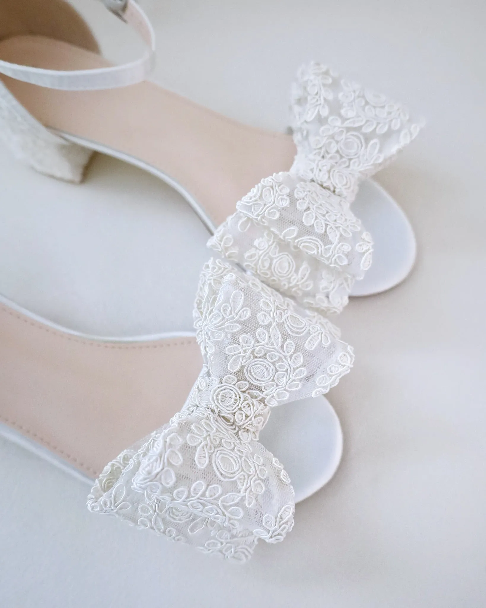 Crochet Lace Block Heel Wedding Sandals with Oversized Crochet Lace Bow