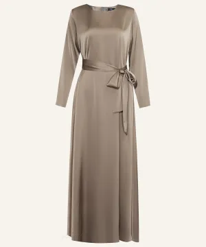 Dark Tan Classic A-line Satin Long Sleeve Maxi Dress