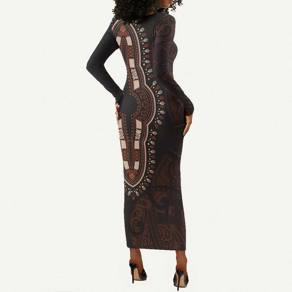 Dashiki and Polynesian Pattern Long Sleeve Bodycon Dress Afro Pacific Culture Red Version LT9