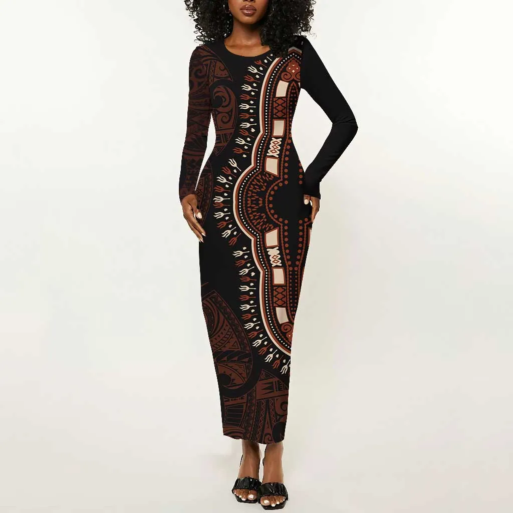 Dashiki and Polynesian Pattern Long Sleeve Bodycon Dress Afro Pacific Culture Red Version LT9