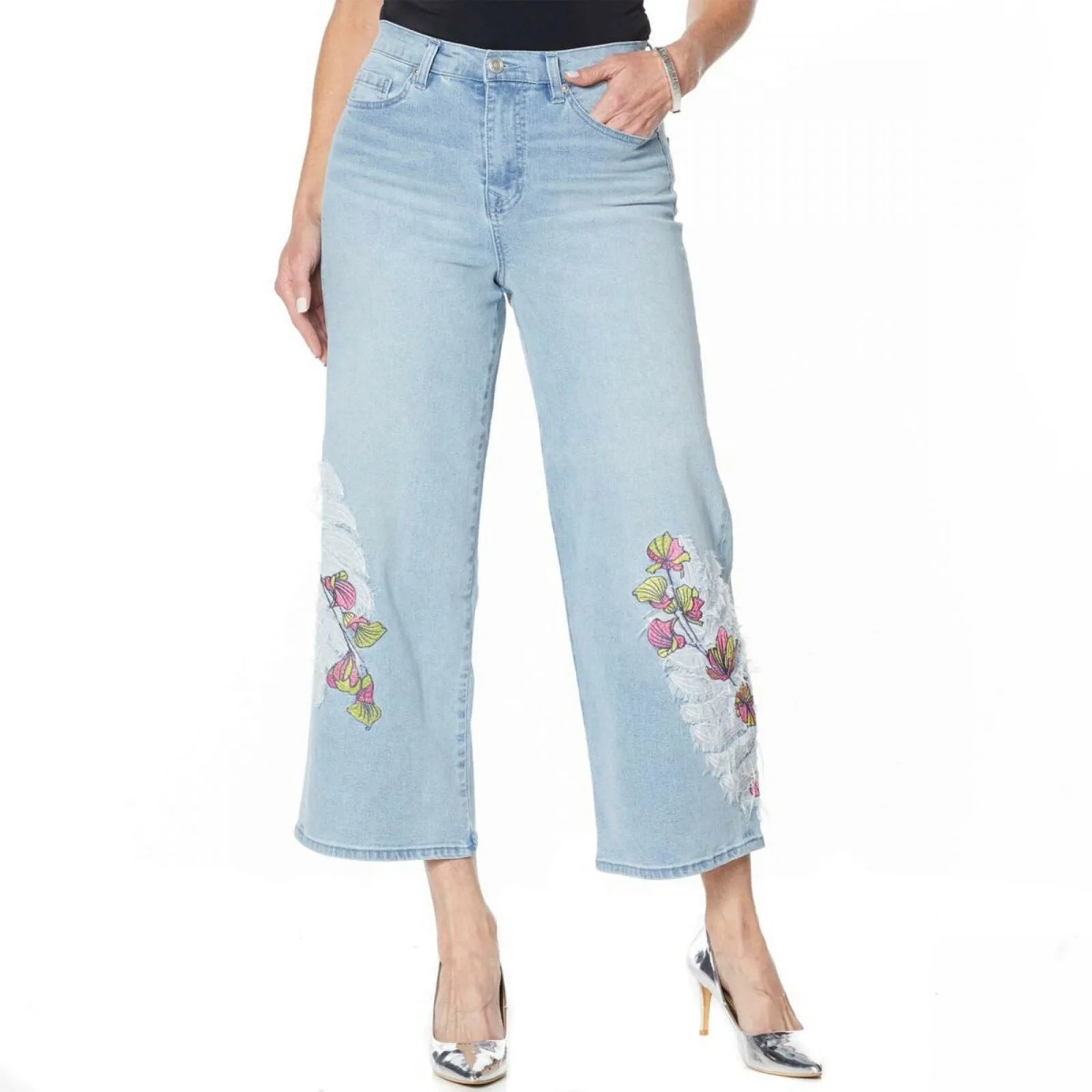 DG2 By Diane Gilman Women's Plus Size Embroidered Cropped Wide Leg Jeans