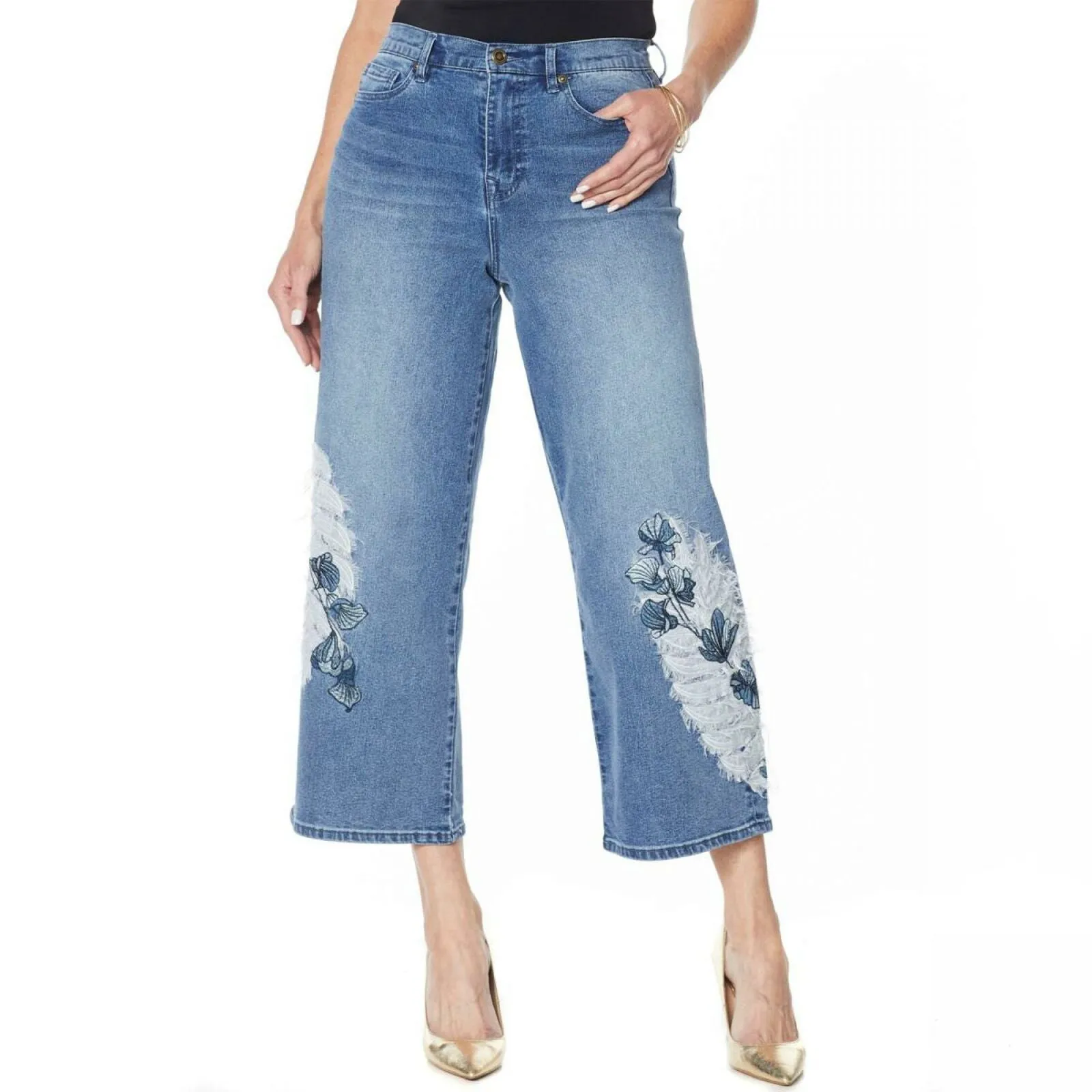 DG2 by Diane Gilman Women's Plus Size Embroidered Cropped Wide Leg Jeans
