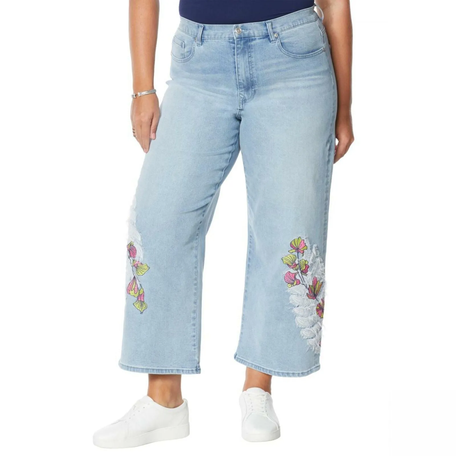 DG2 By Diane Gilman Women's Plus Size Embroidered Cropped Wide Leg Jeans