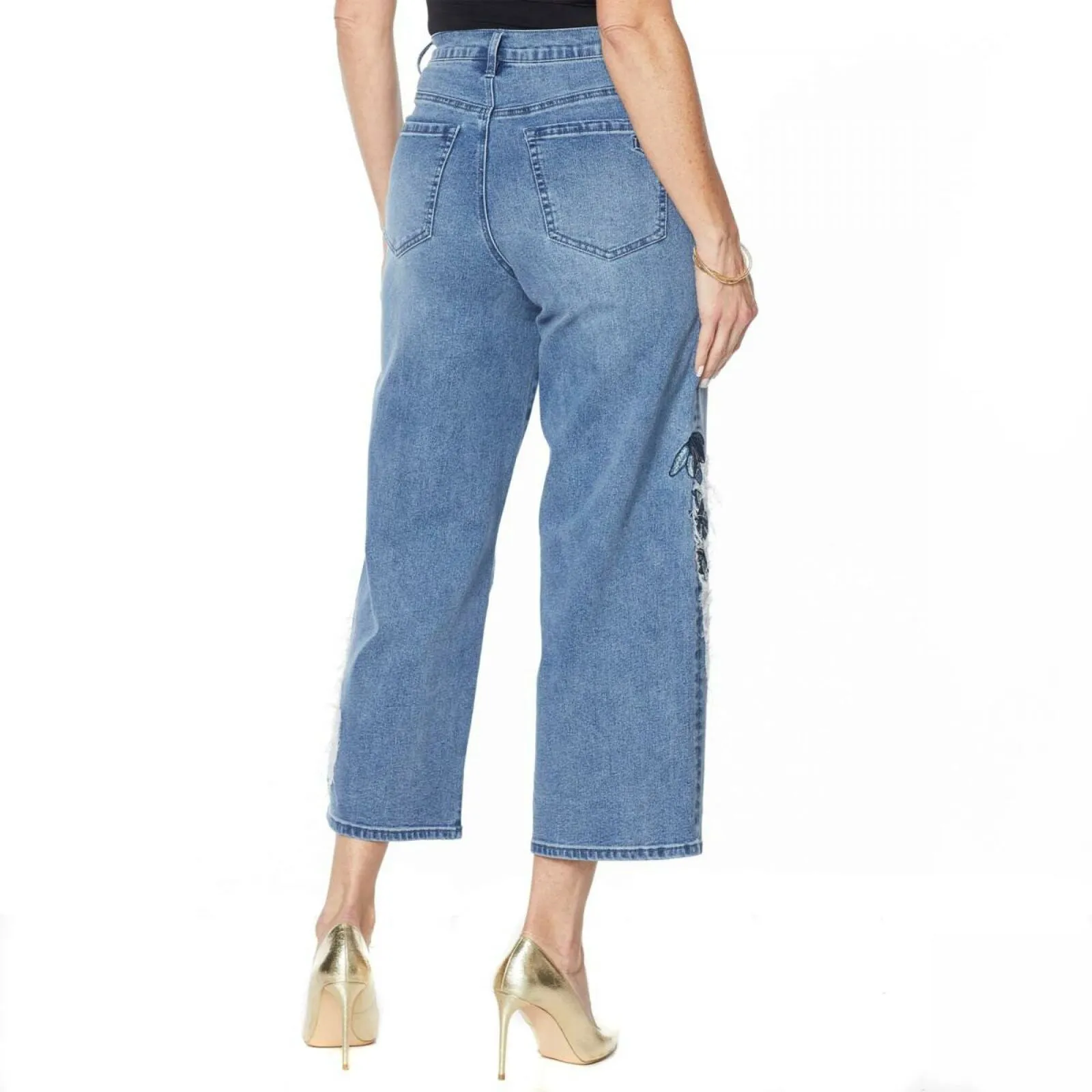 DG2 by Diane Gilman Women's Plus Size Embroidered Cropped Wide Leg Jeans