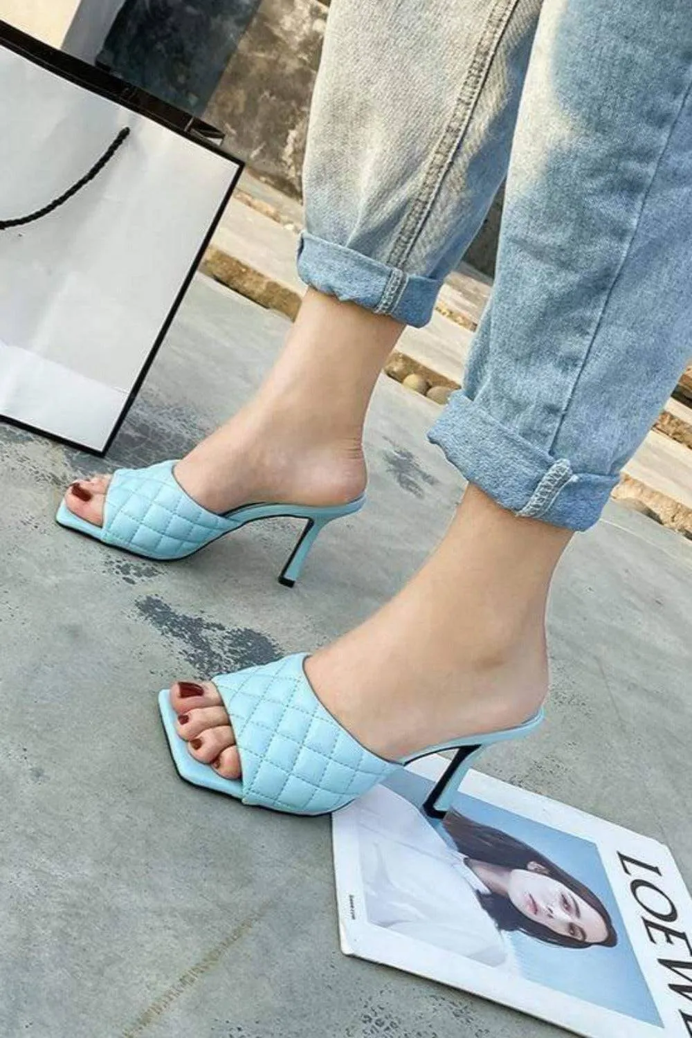 Diamond Peep Toe High Heel Braided Weave Slipper Sandals - Blue