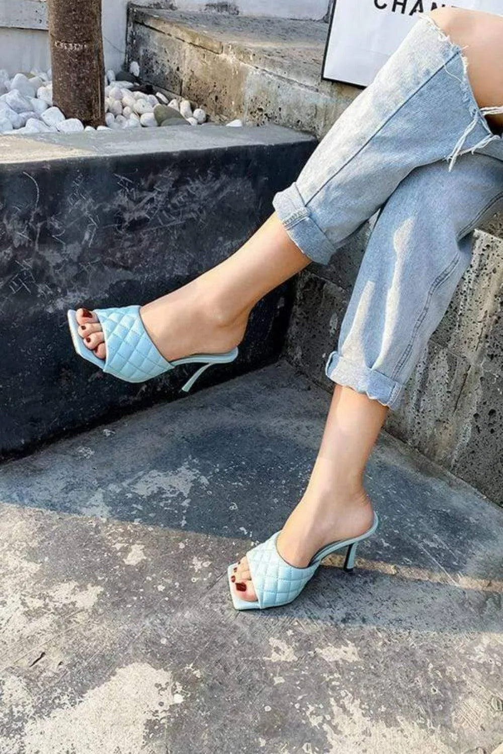 Diamond Peep Toe High Heel Braided Weave Slipper Sandals - Blue
