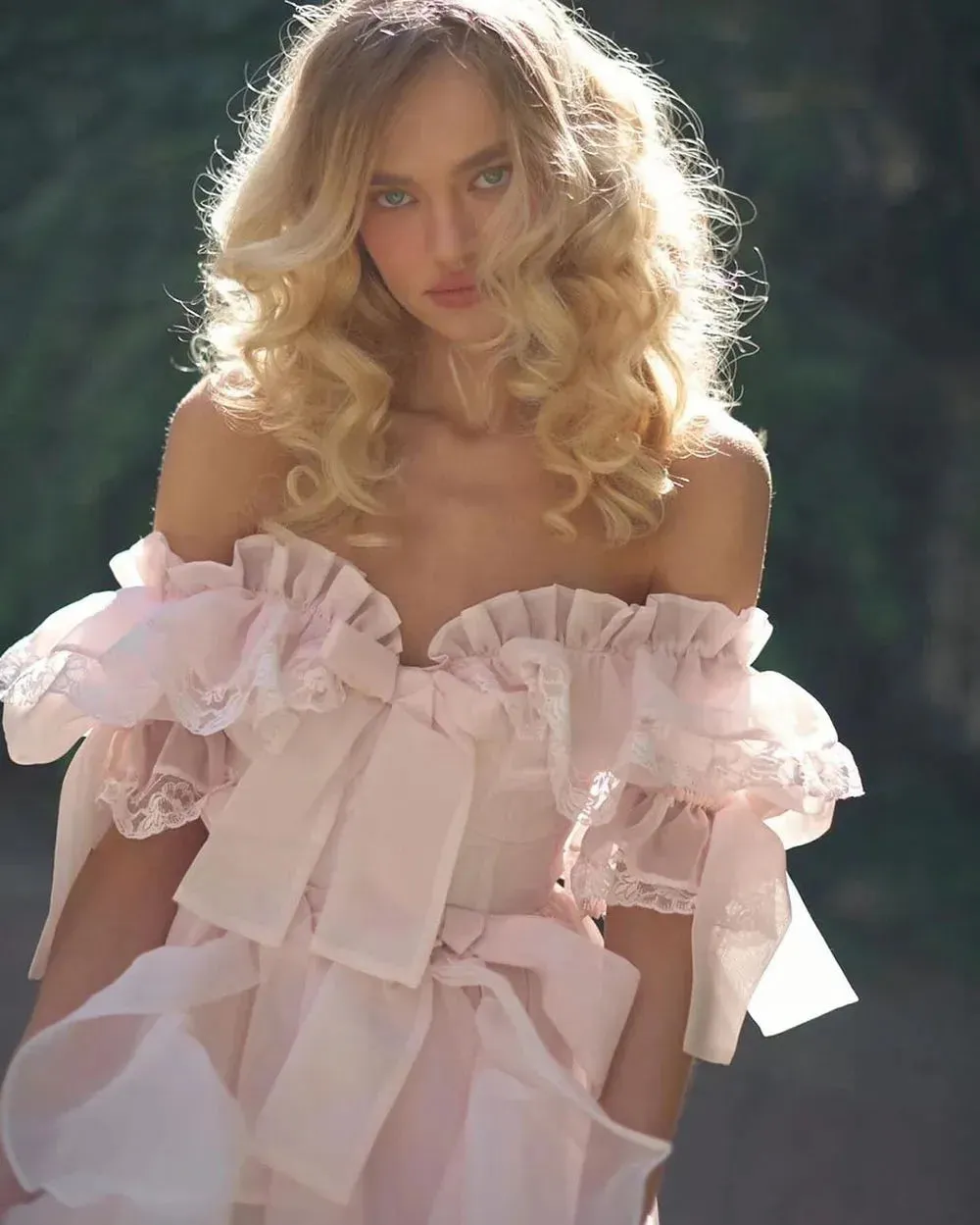Dreamy Peach Puff Sleeves Prom Dresses Organza Ruffles Bow Long Prom Gowns Babydoll A-Line Party Dresses