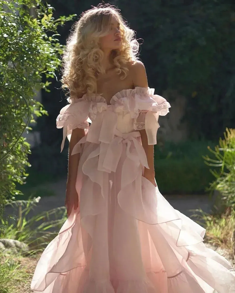 Dreamy Peach Puff Sleeves Prom Dresses Organza Ruffles Bow Long Prom Gowns Babydoll A-Line Party Dresses