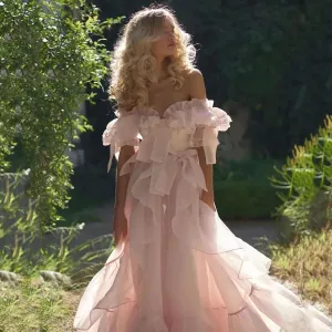 Dreamy Peach Puff Sleeves Prom Dresses Organza Ruffles Bow Long Prom Gowns Babydoll A-Line Party Dresses