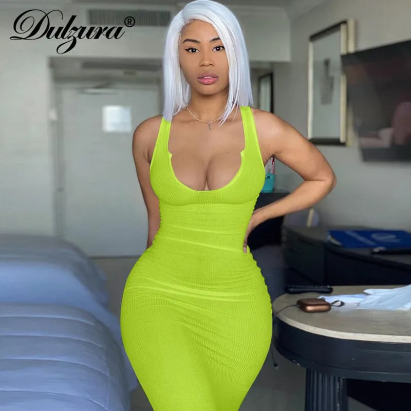 Dulzura Ribbed Knitted Stripe Women Sleeveless Midi Dress