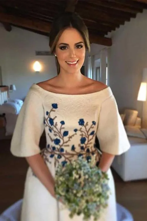 Elegant Wedding Dress, Half Sleeve Bateau Embroidery Romantic Bridal Gown, SW330
