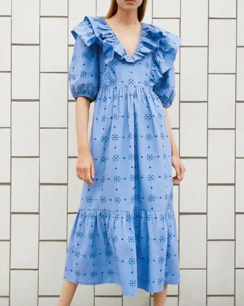 Embroidery Pleated Ruffled Lantern Sleeve Midi Dresses
