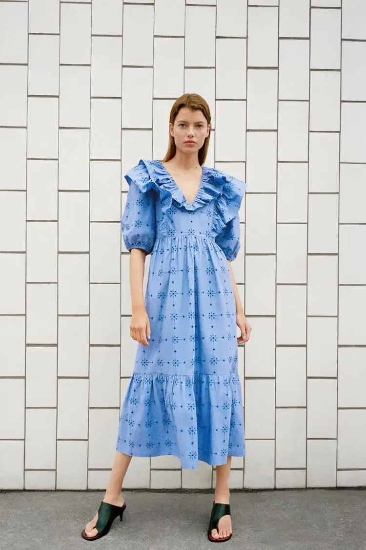 Embroidery Pleated Ruffled Lantern Sleeve Midi Dresses