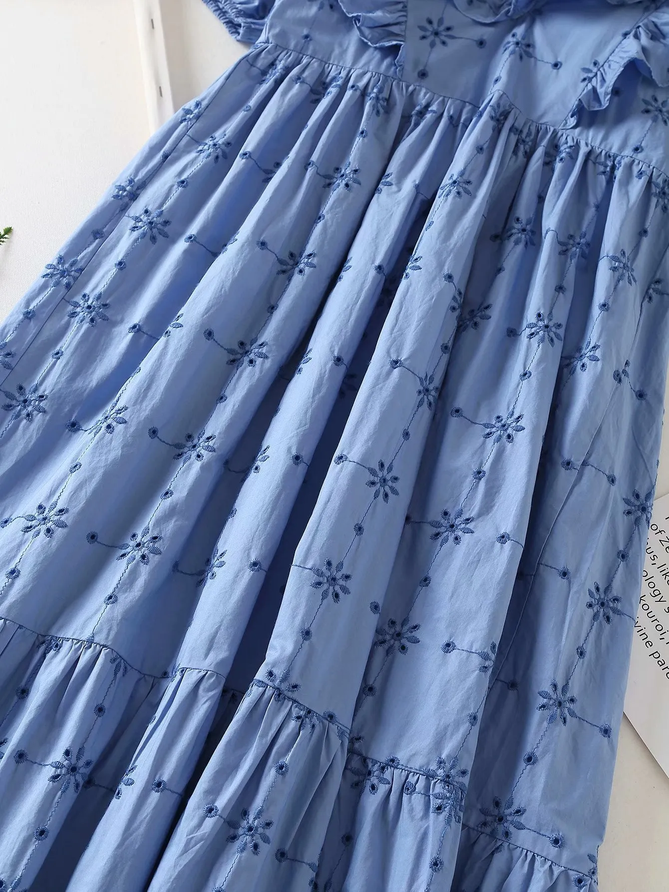 Embroidery Pleated Ruffled Lantern Sleeve Midi Dresses
