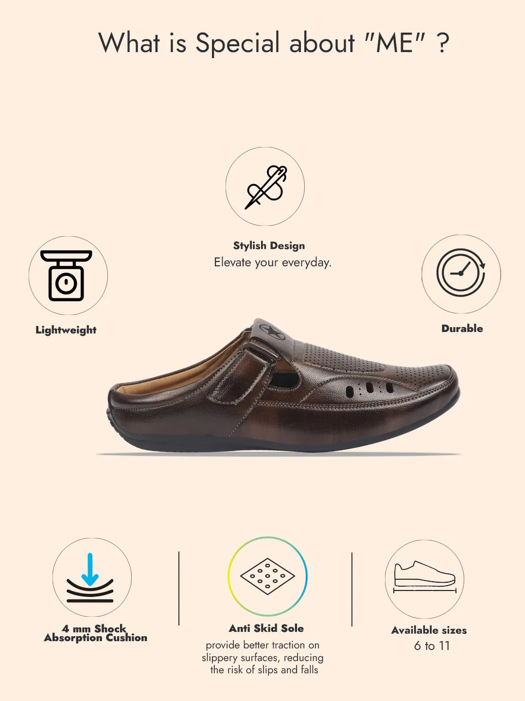 FAUSTO Men Brown Back Open Perforated Breathable Casual Sandal With Cushioned Footbed|Adujstable Strap Stitched Slip On Sandal For Work|Evening