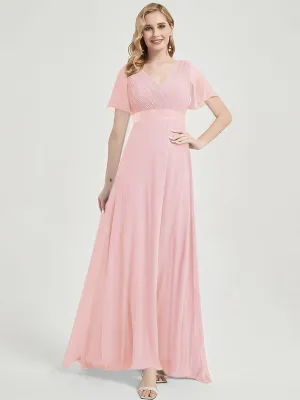 [Final Sale] Pink Floor-Length Short Sleeve Bridesmaid Dresses for Wedding Party