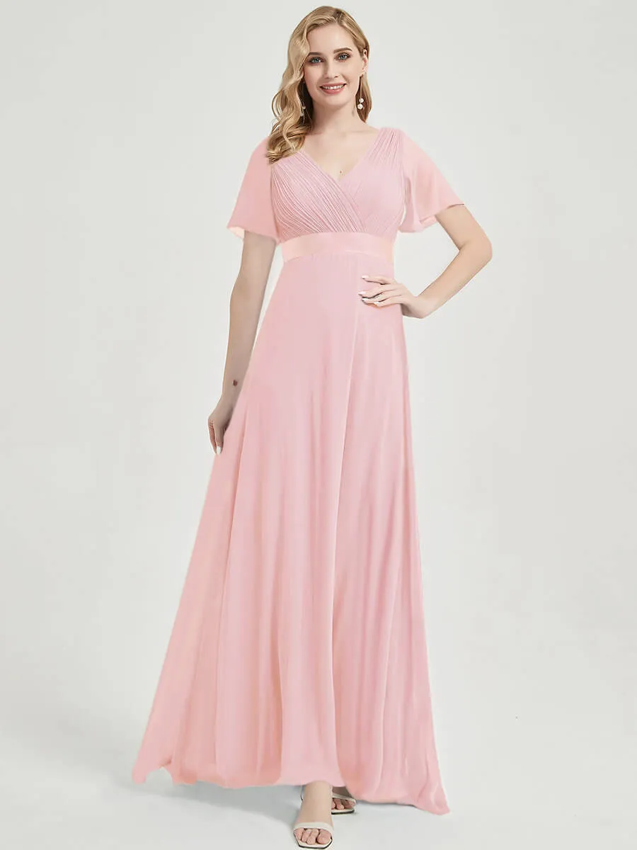 [Final Sale] Pink Floor-Length Short Sleeve Bridesmaid Dresses for Wedding Party