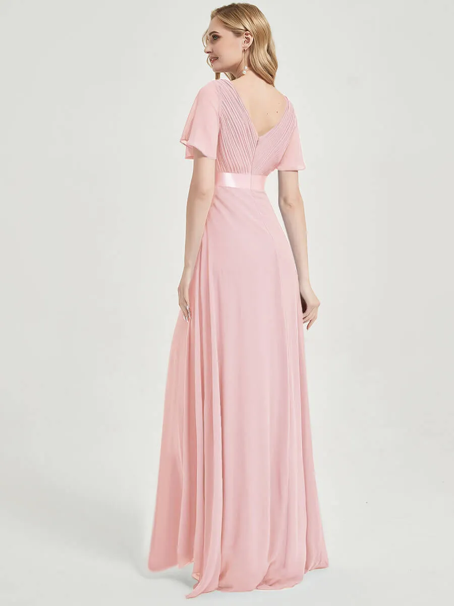 [Final Sale] Pink Floor-Length Short Sleeve Bridesmaid Dresses for Wedding Party