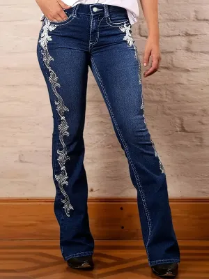 Flare Jeans with Printed Side Design – Dark Blue Denim Boot Cut