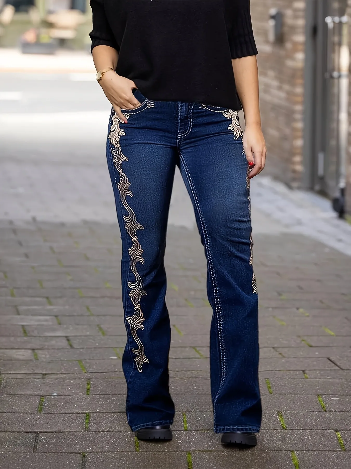 Flare Jeans with Printed Side Design – Dark Blue Denim Boot Cut