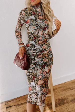 Floral Allover Print Mock Neck Bodycon Dress