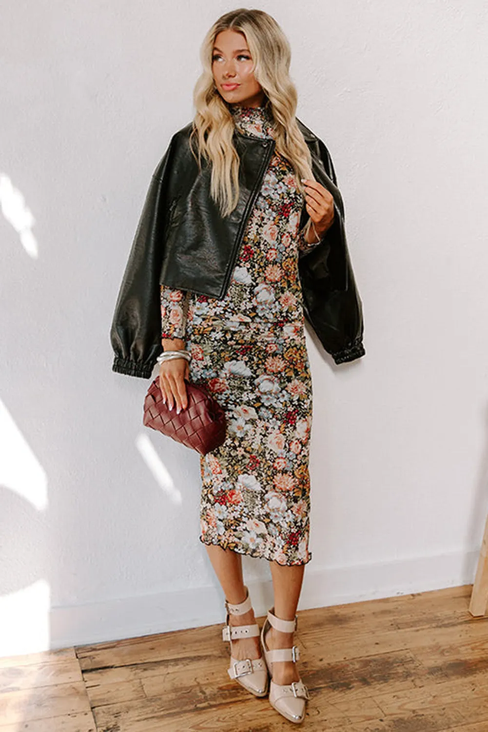 Floral Allover Print Mock Neck Bodycon Dress