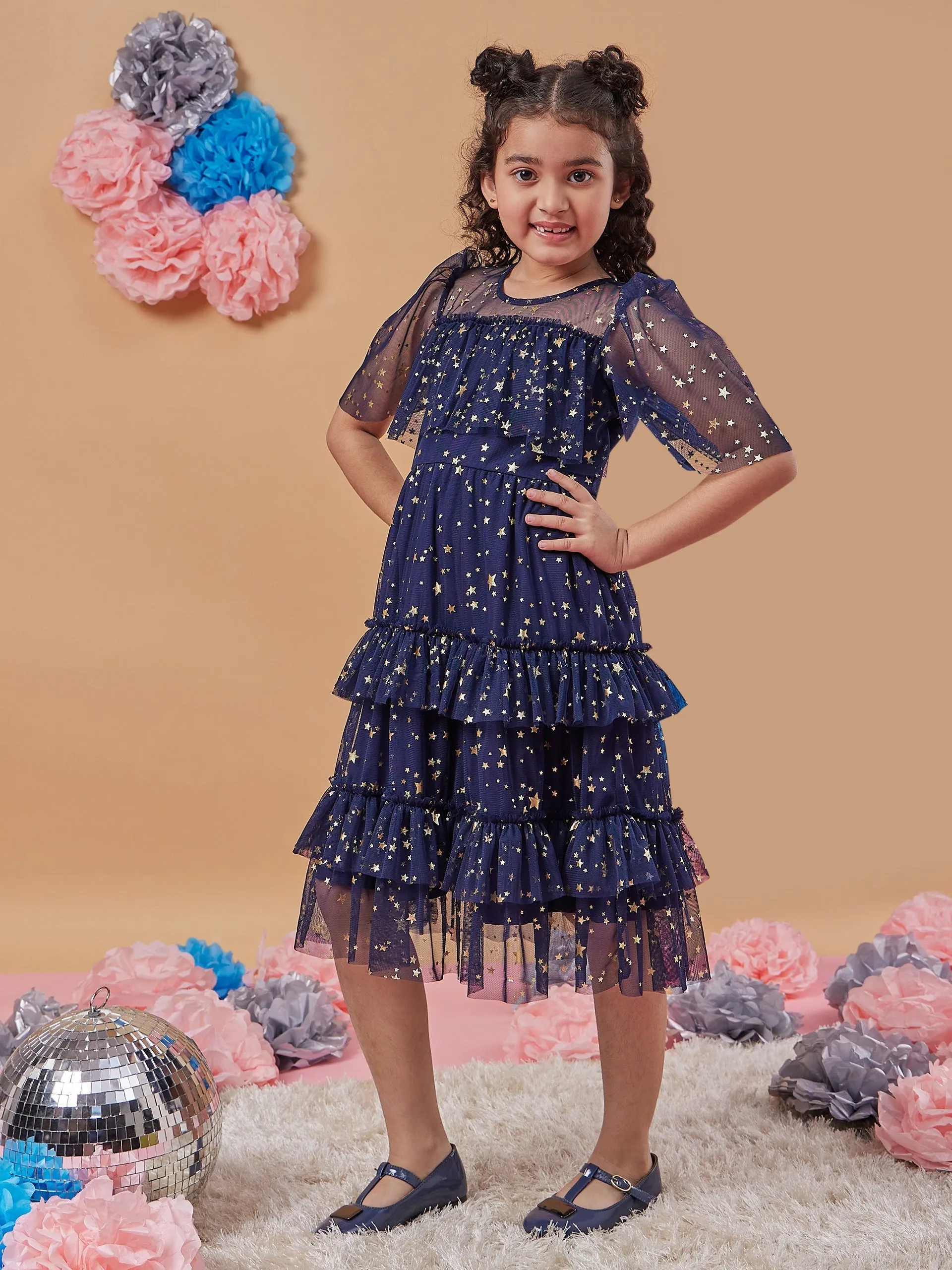 Floral Print Flared Sleeve Net A-Line Midi Dress