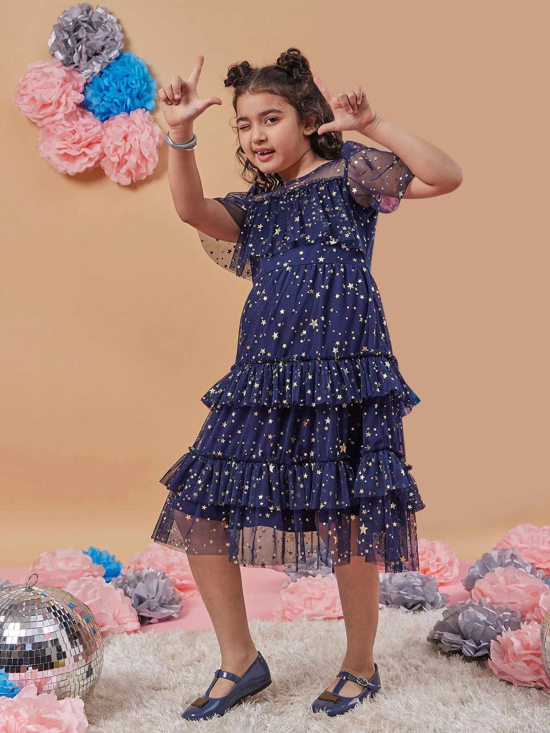 Floral Print Flared Sleeve Net A-Line Midi Dress