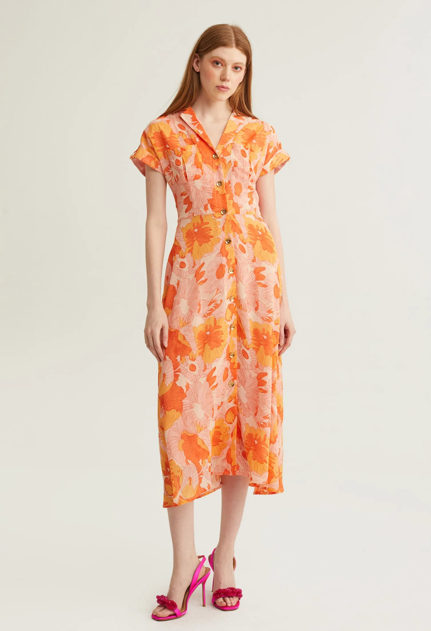 Floral Printed Button Up Midi Dress