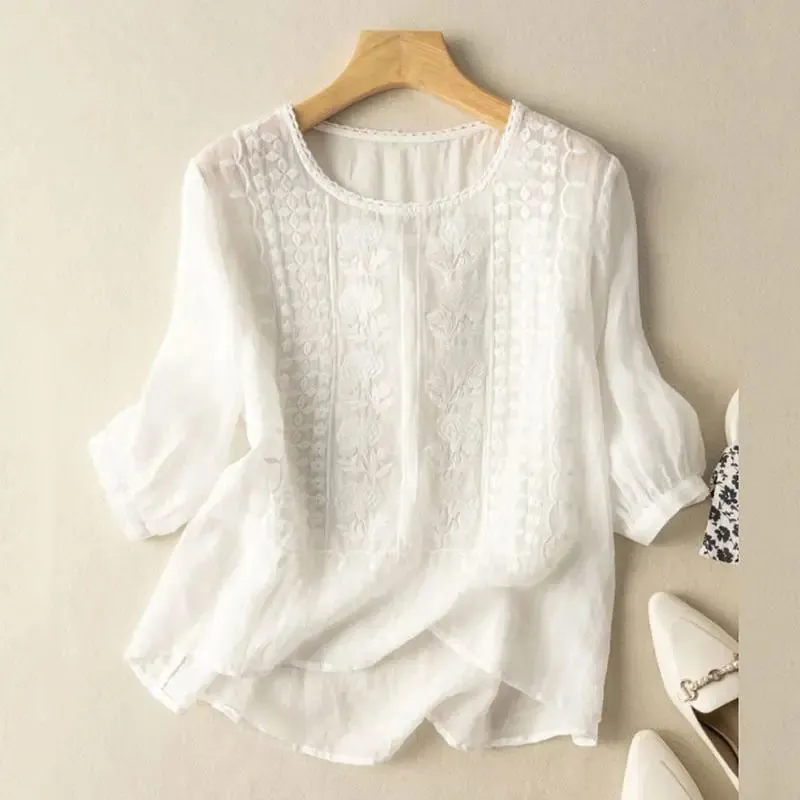 Florence | Embroidered Linen Boho Blouse