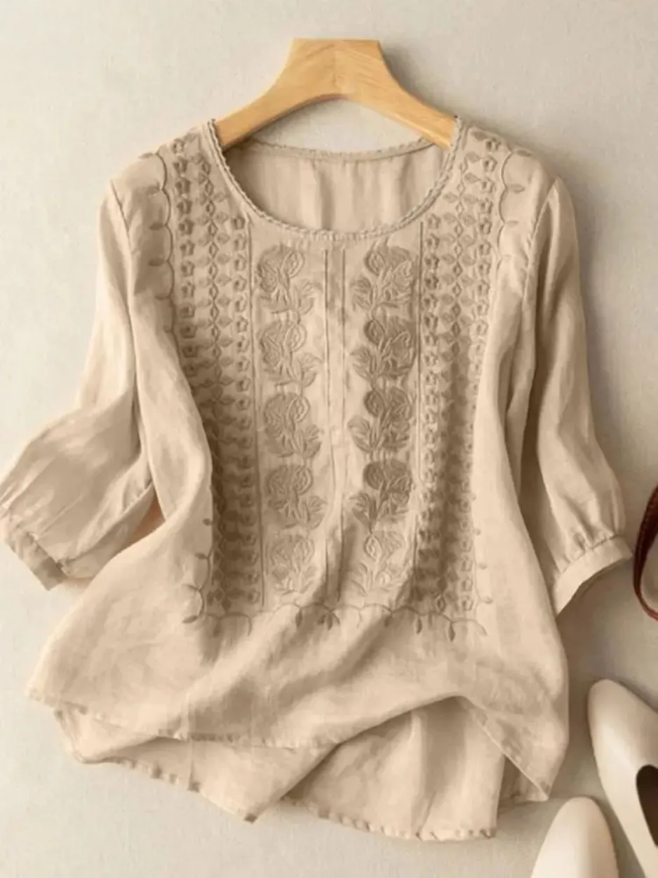 Florence | Embroidered Linen Boho Blouse