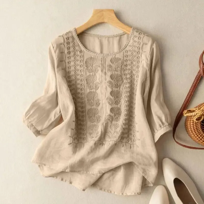 Florence | Embroidered Linen Boho Blouse