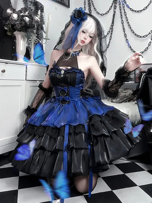 Gothic Lolita Dresses Ruffles Butterfly Color Block Black Black