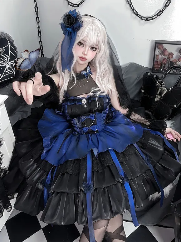 Gothic Lolita Dresses Ruffles Butterfly Color Block Black Black