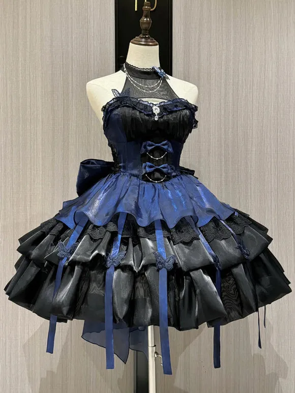 Gothic Lolita Dresses Ruffles Butterfly Color Block Black Black