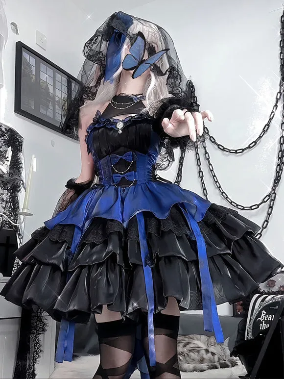 Gothic Lolita Dresses Ruffles Butterfly Color Block Black Black