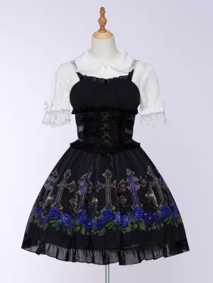 Gothic Lolita Dresses Ruffles Lace Up Floral Print Black Black