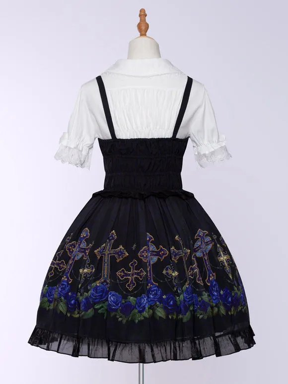 Gothic Lolita Dresses Ruffles Lace Up Floral Print Black Black