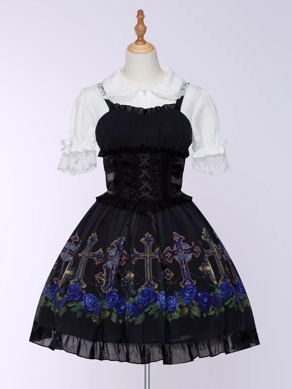 Gothic Lolita Dresses Ruffles Lace Up Floral Print Black Black