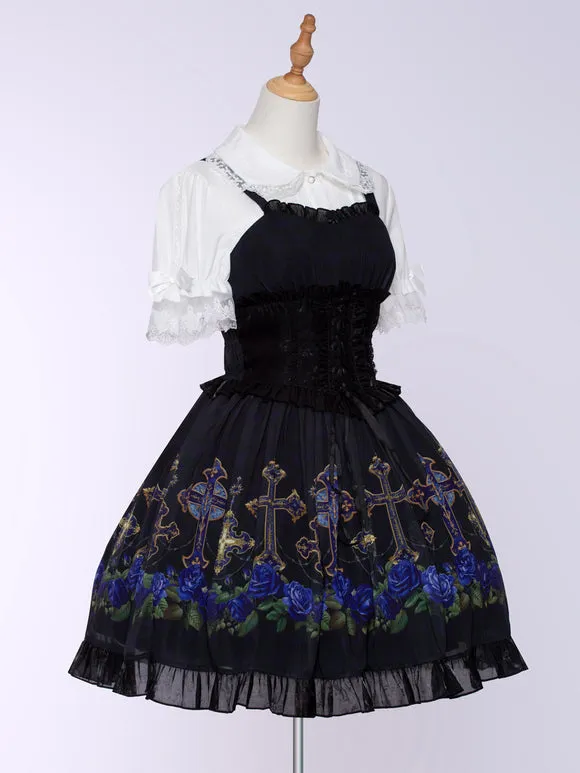 Gothic Lolita Dresses Ruffles Lace Up Floral Print Black Black