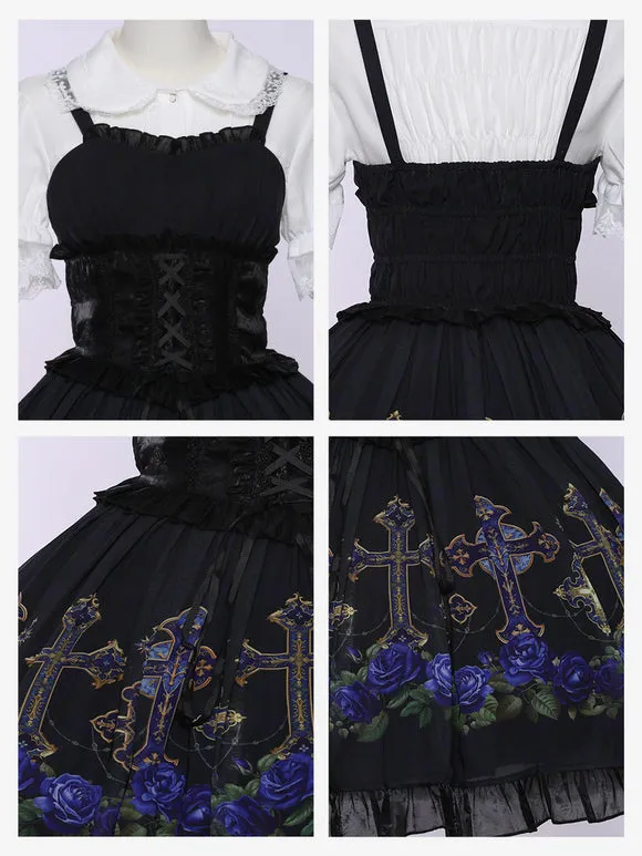 Gothic Lolita Dresses Ruffles Lace Up Floral Print Black Black