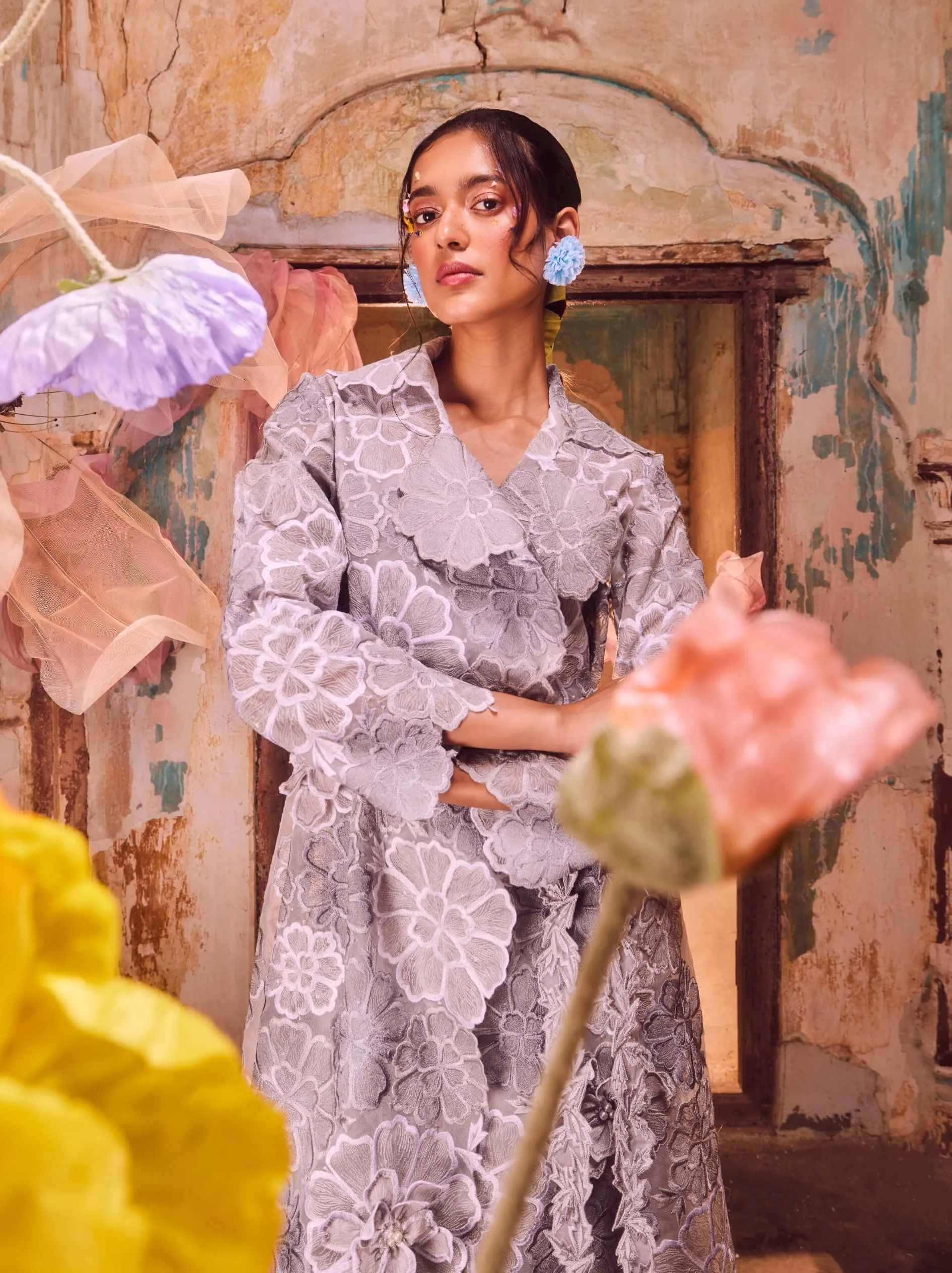 Gray ivory trench coat with belt