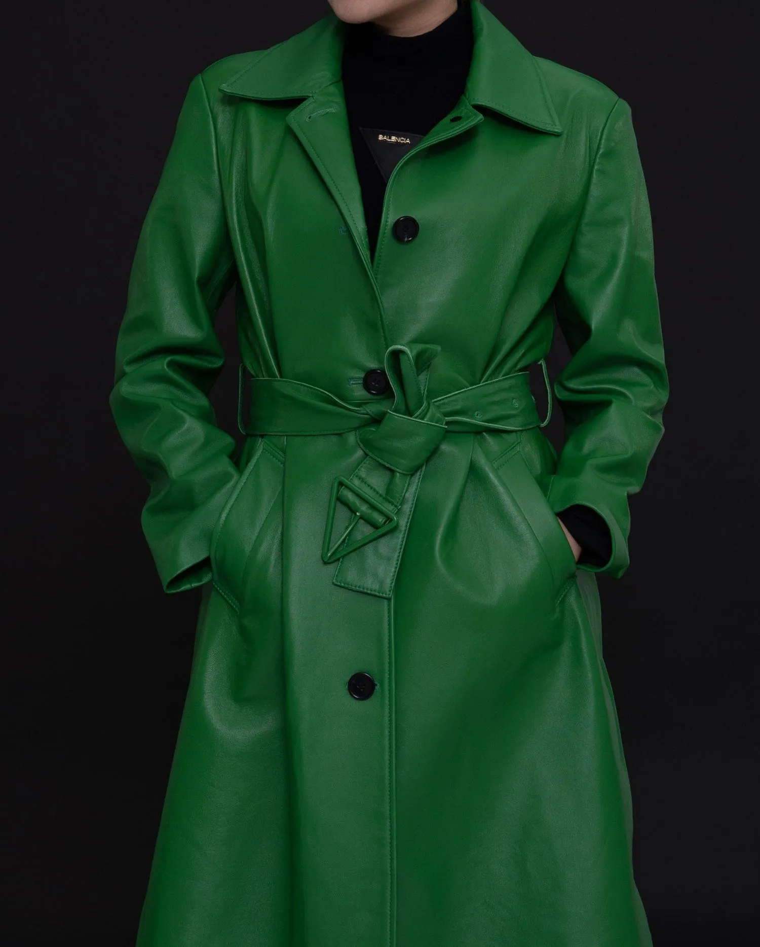 Green Belted Long Leather Trench Coat