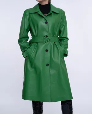 Green Belted Long Leather Trench Coat