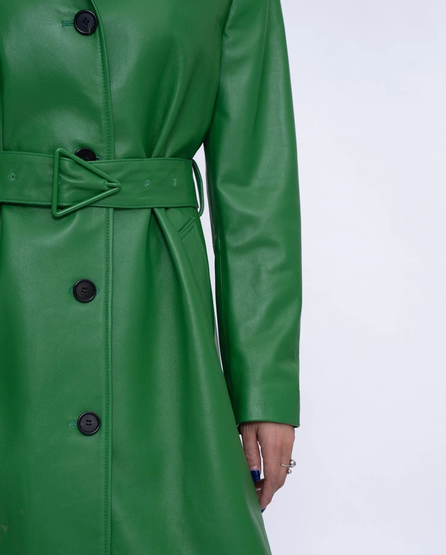 Green Belted Long Leather Trench Coat
