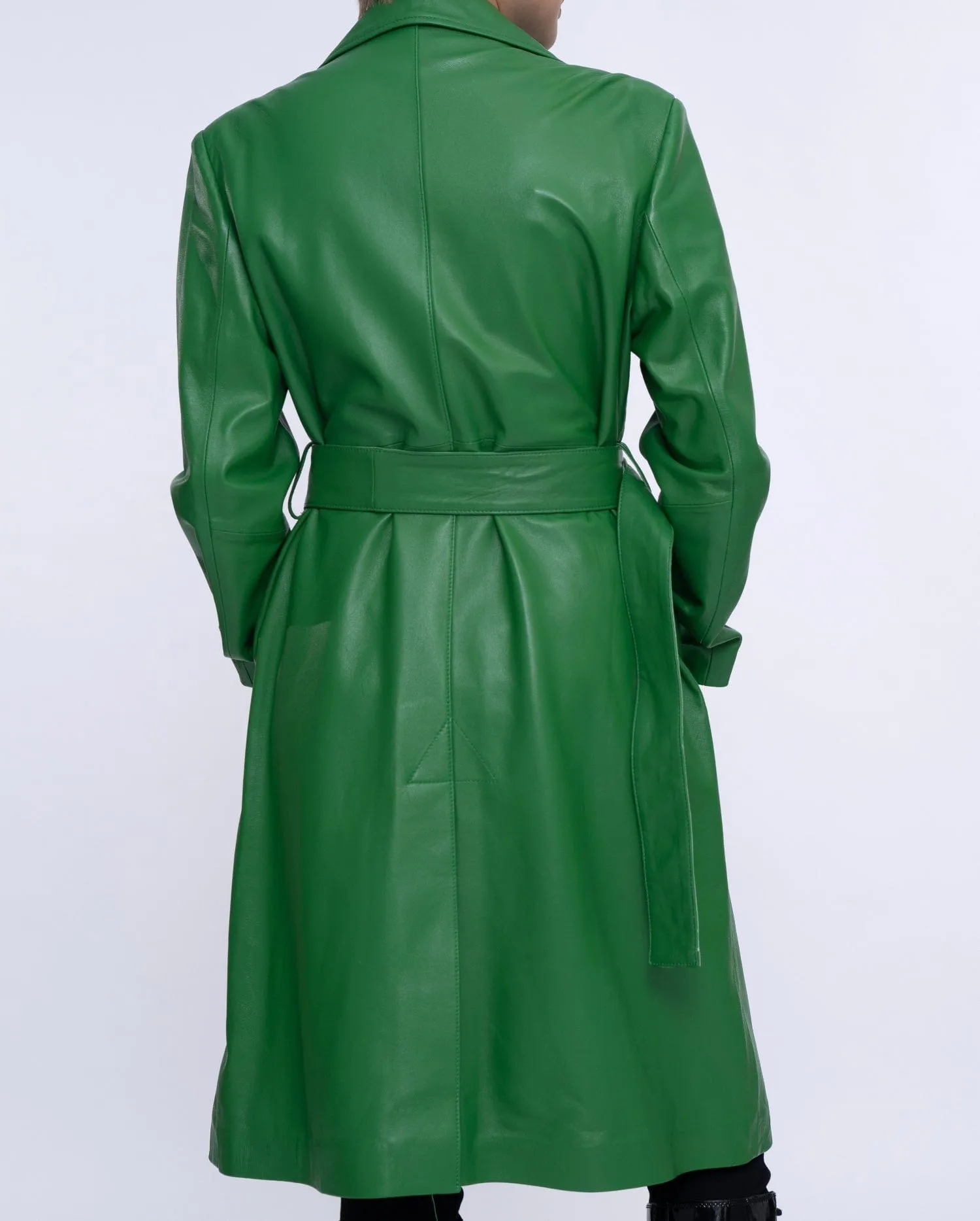 Green Belted Long Leather Trench Coat