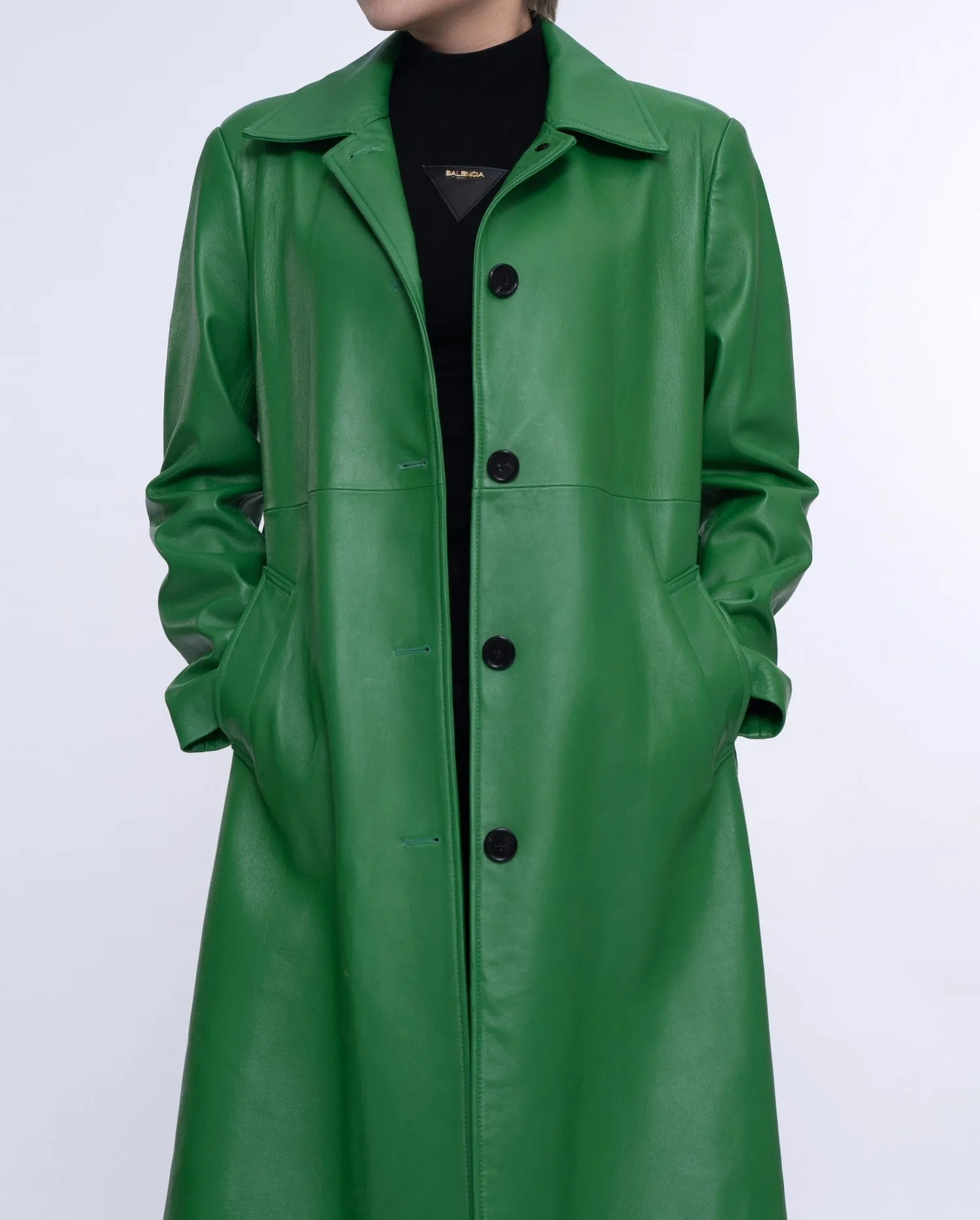 Green Belted Long Leather Trench Coat