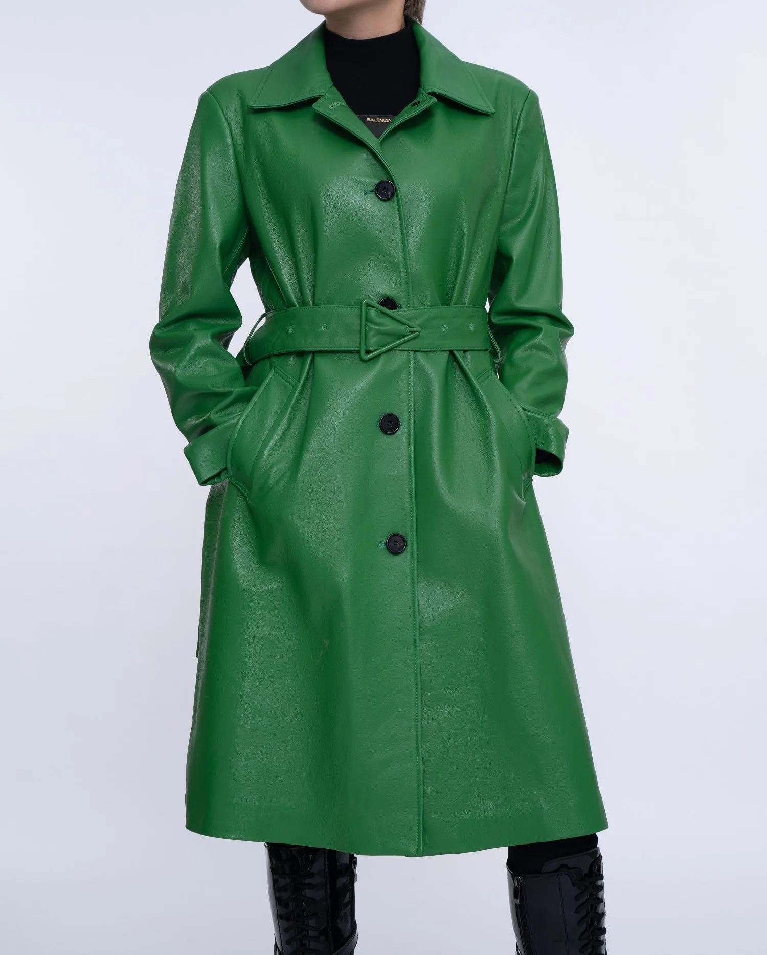 Green Belted Long Leather Trench Coat