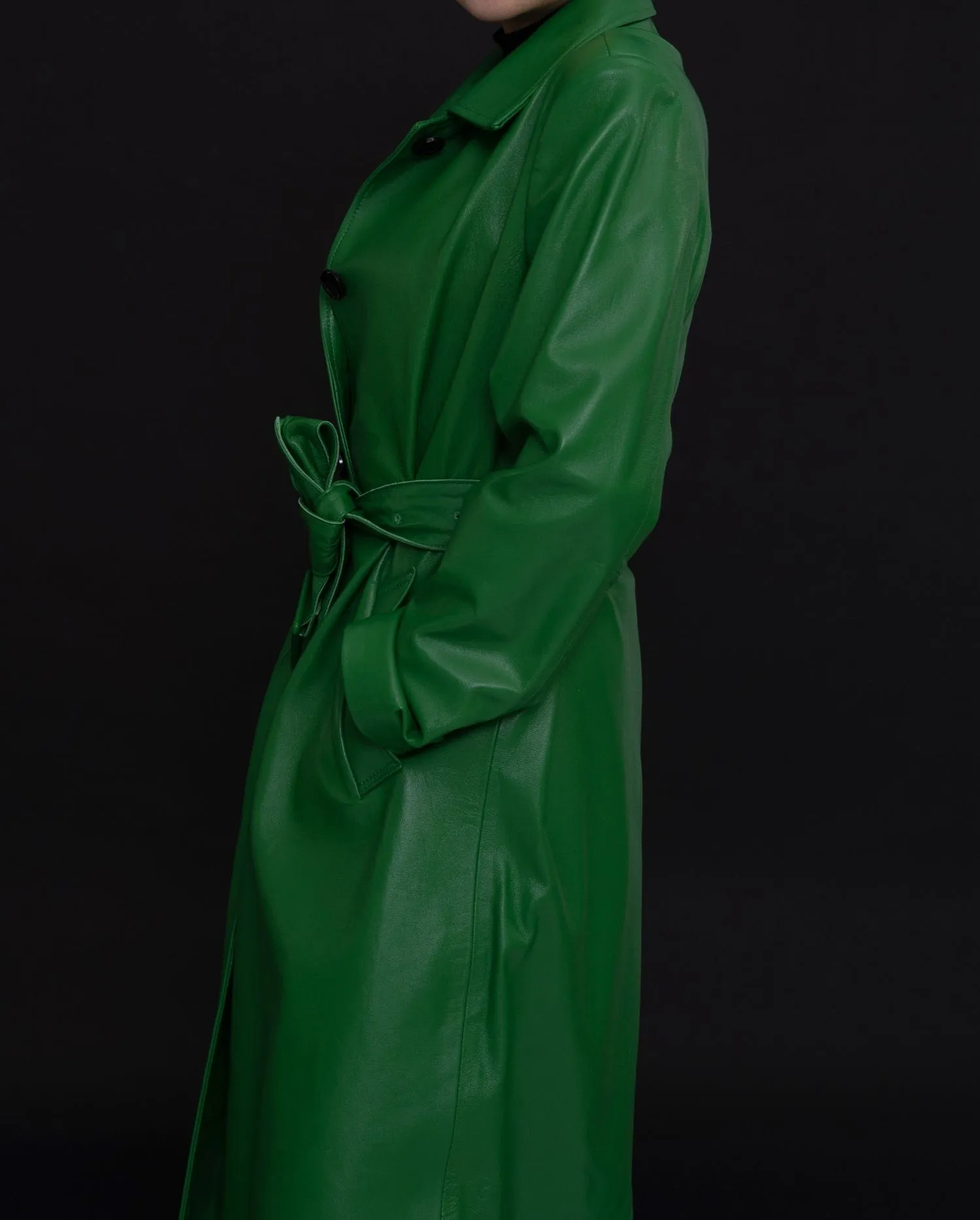 Green Belted Long Leather Trench Coat