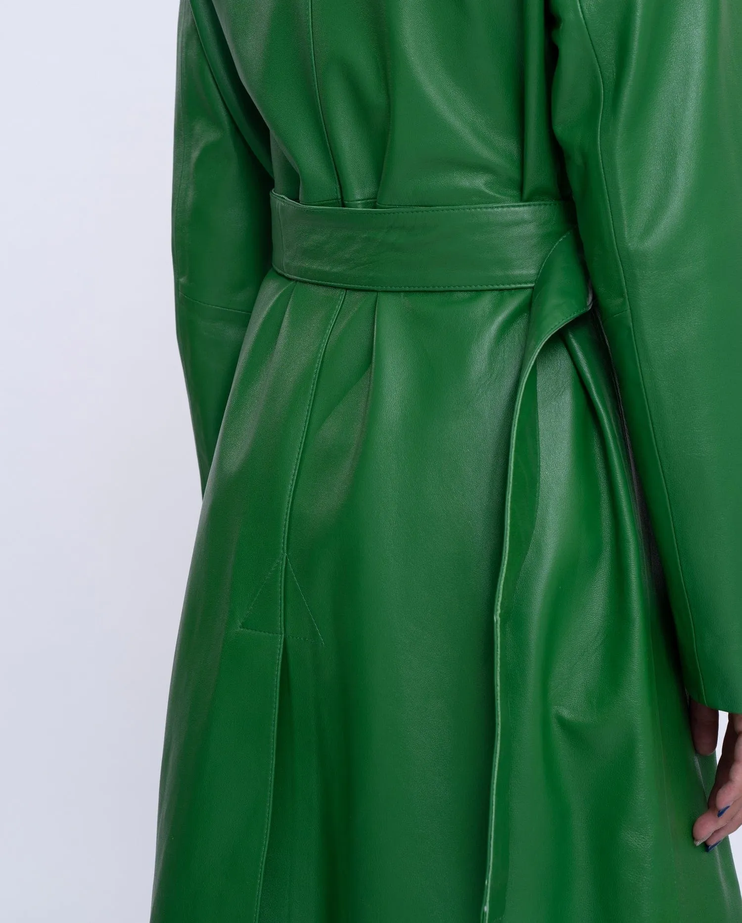 Green Belted Long Leather Trench Coat